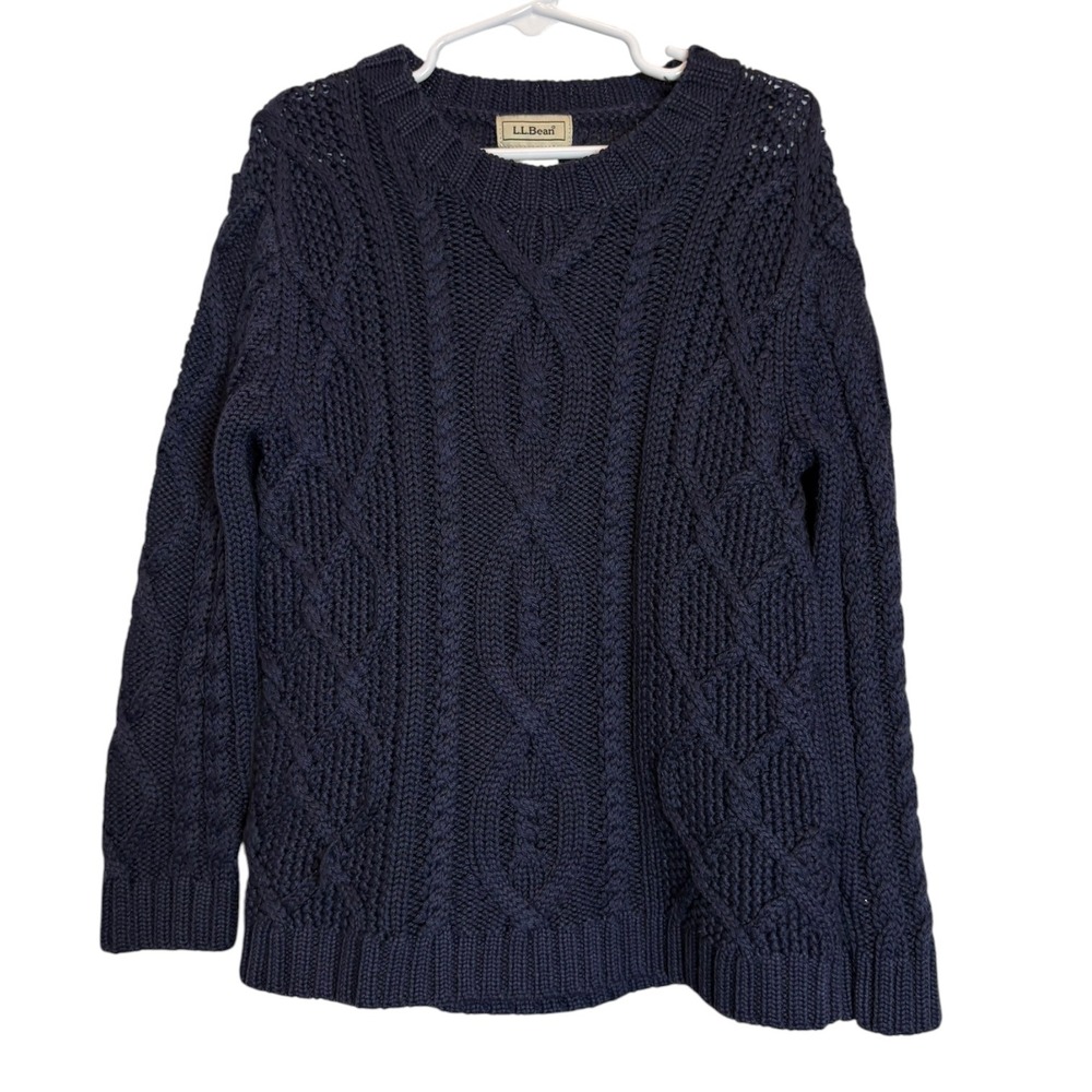 LL Bean Kids Navy Blue Cable Knit Wool Blend Sweater Crewneck Size M 5/6